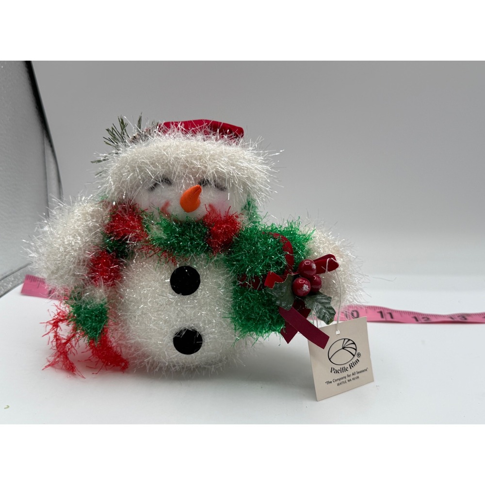 Pacific Rim Christmas Snowman Plush Tinsel Fuzzy Figurine Red Hat Scarf 1634 NEW
